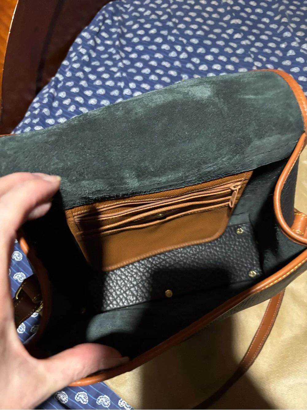 Dooney & Bourke Black Pebbled Leather Messenger with Brown Trim